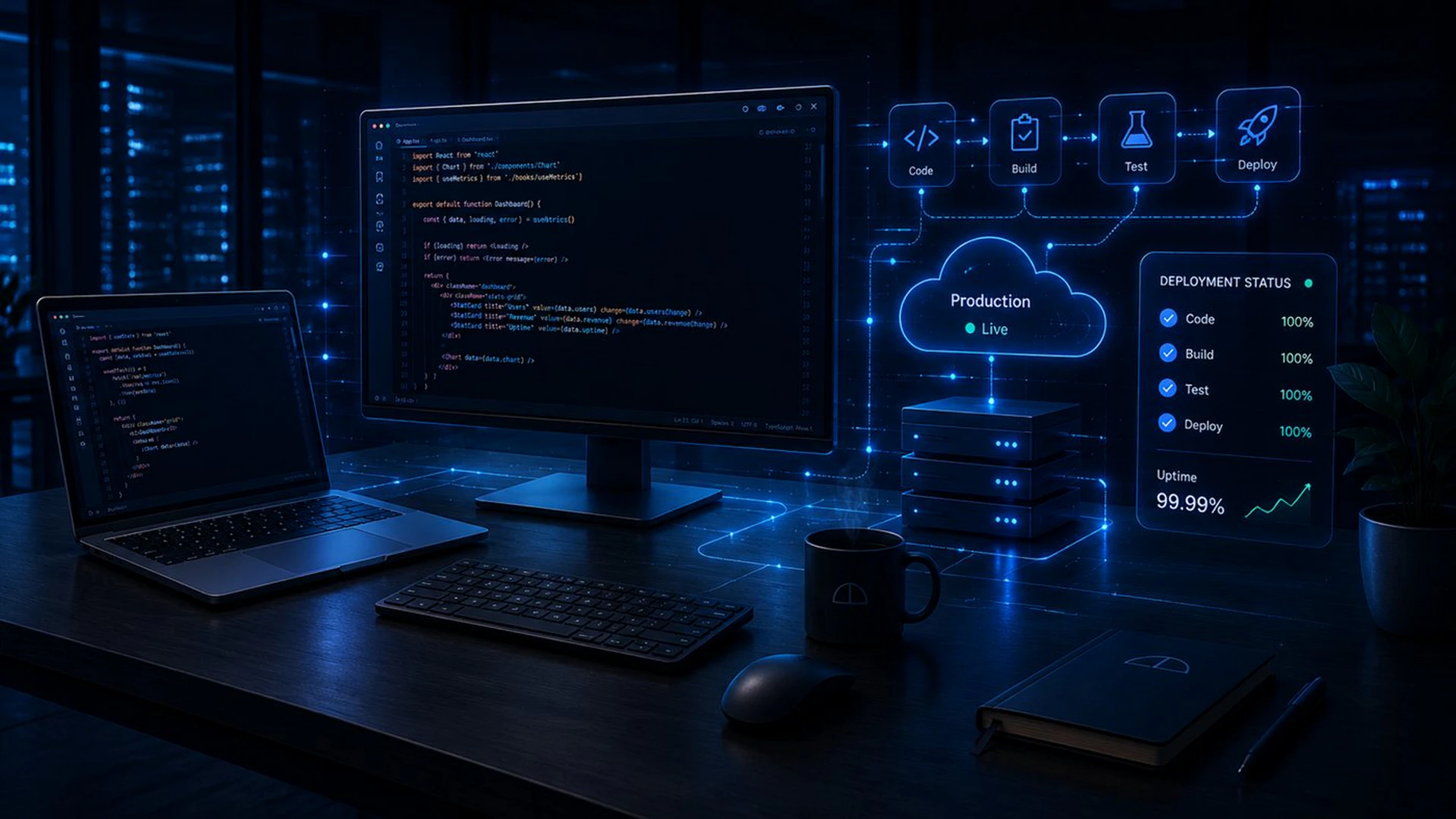 Prikaz razvoja i deployment procesa — kod, CI/CD pipeline i status isporuke